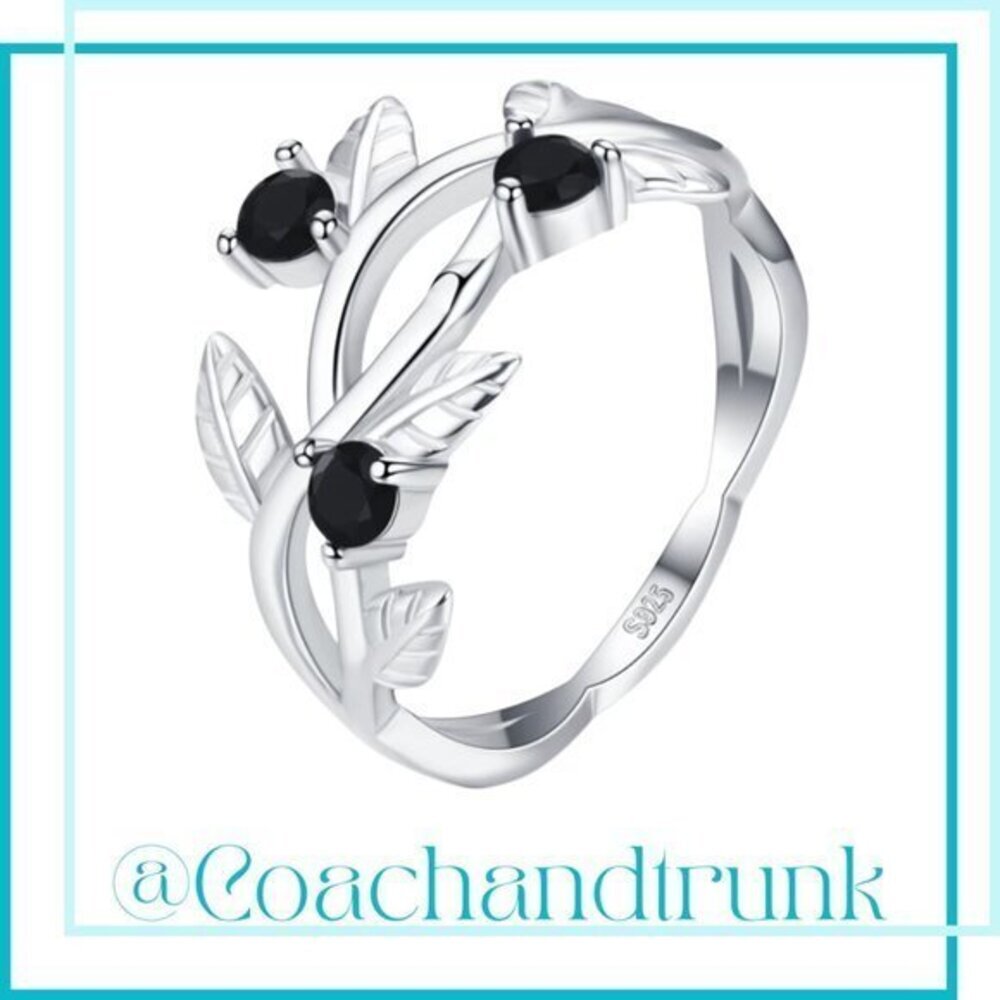 925 Hallmark 3 Round Black Spinel Prong Set Etched Winding Vine Band Ring Size 7